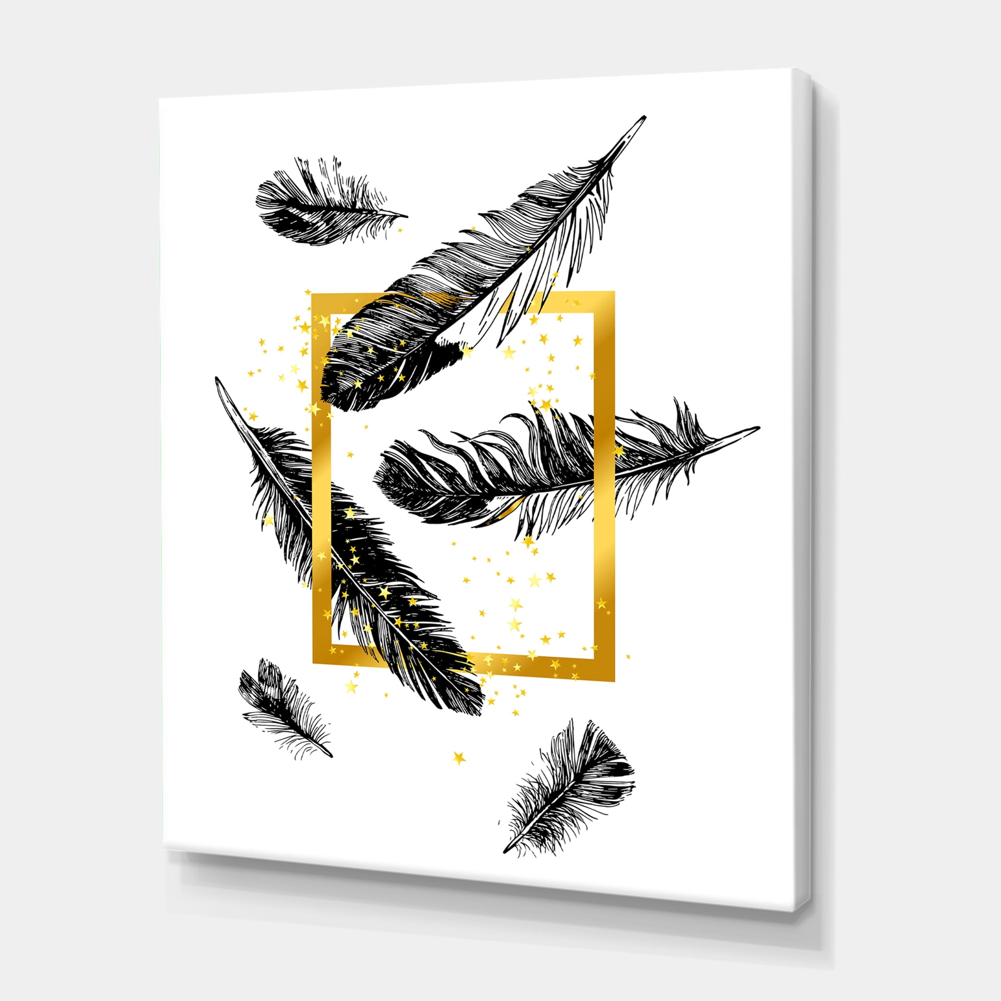 Designart ' Feathers and Golden Frame ' Bohemian & Eclectic Canvas Wall Art Print