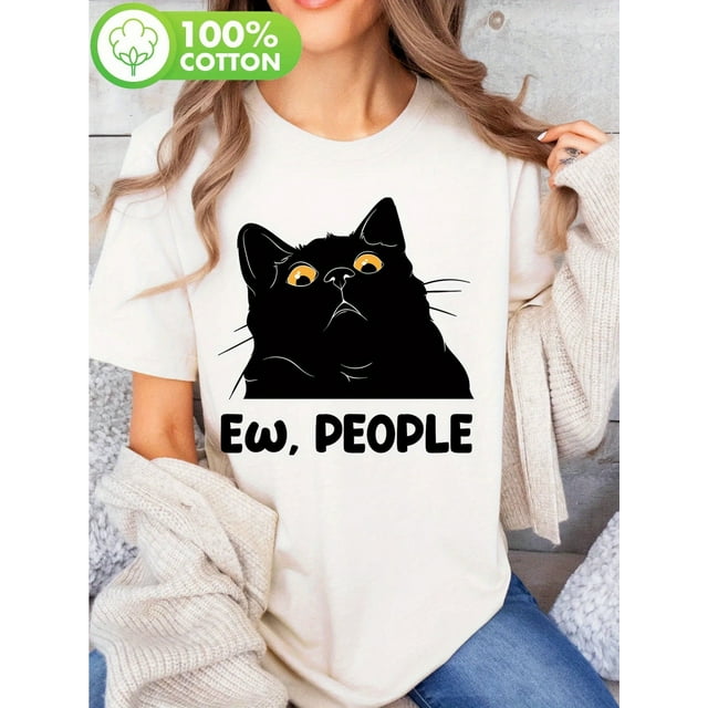 Halloween T-shirt - Women'S Black T-Shirt with "Ew, People" Graphic - Funny Cat Design, Short Sleeve Crew Neck, Casual Summer Top for Women and Men, Casual Wear | Playful Cat Design | Fabri