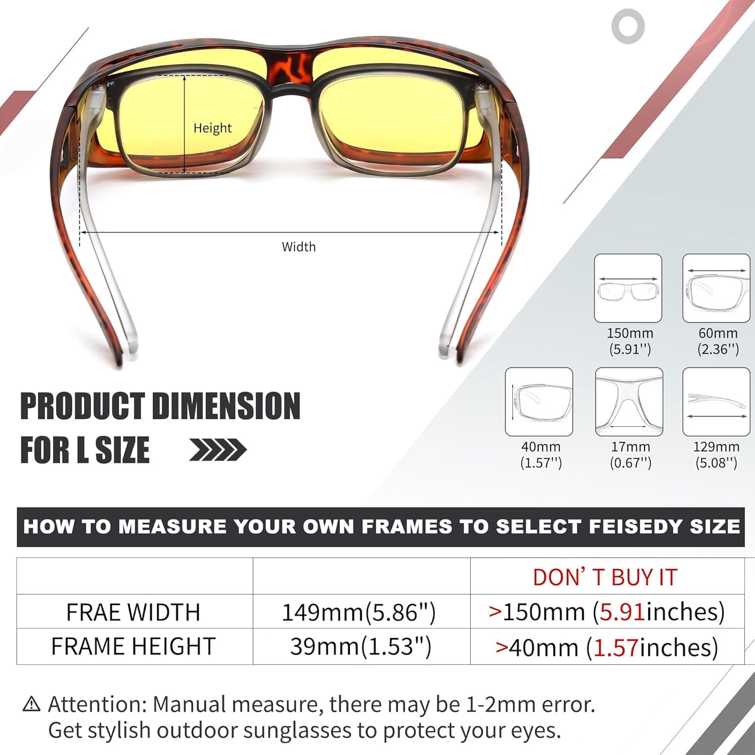 FEISEDY Men Women Night Driving Glasses Fit over Glasses Anti-Glare Polarized Wrap Yellow Sunglasses Over Glasses B2593