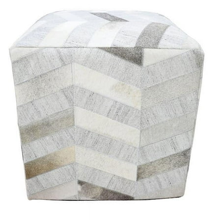 The Rug Decor TRD107 18 in. Genuine Leather Hand Stitched Chevorn Pouf - Ivory, Silver & Gray