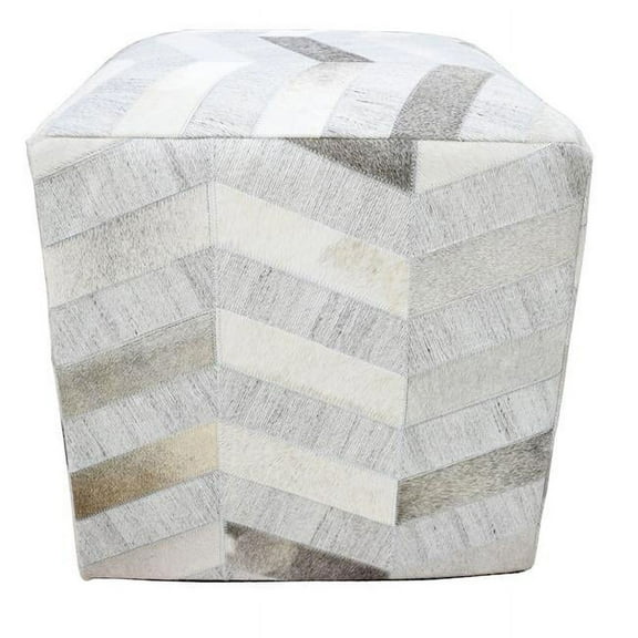 The Rug Decor TRD107 18 in. Genuine Leather Hand Stitched Chevorn Pouf - Ivory, Silver & Gray