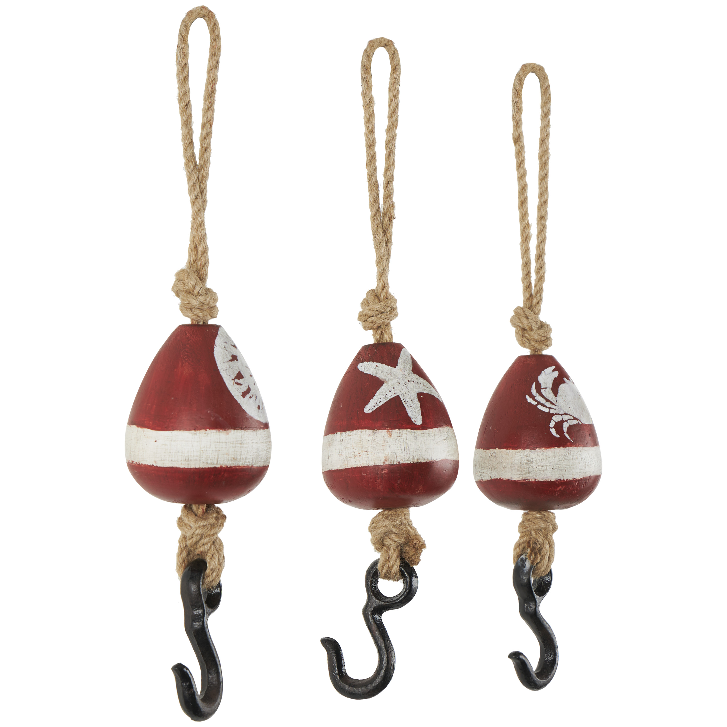 DecMode 3"W, 14"H Red Wood Buoy Wall Hook with Jute Rope and Metal Hook, 3-Pieces