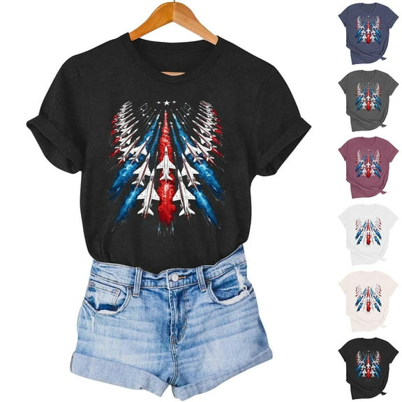 PXLKNZH Fun 4th of July Tops Women Independence Day Plus Size Short Sleeve Graphic Tees 2025 Summer V Neck Patriotic T-Shirts Vacation Sale,Black,S