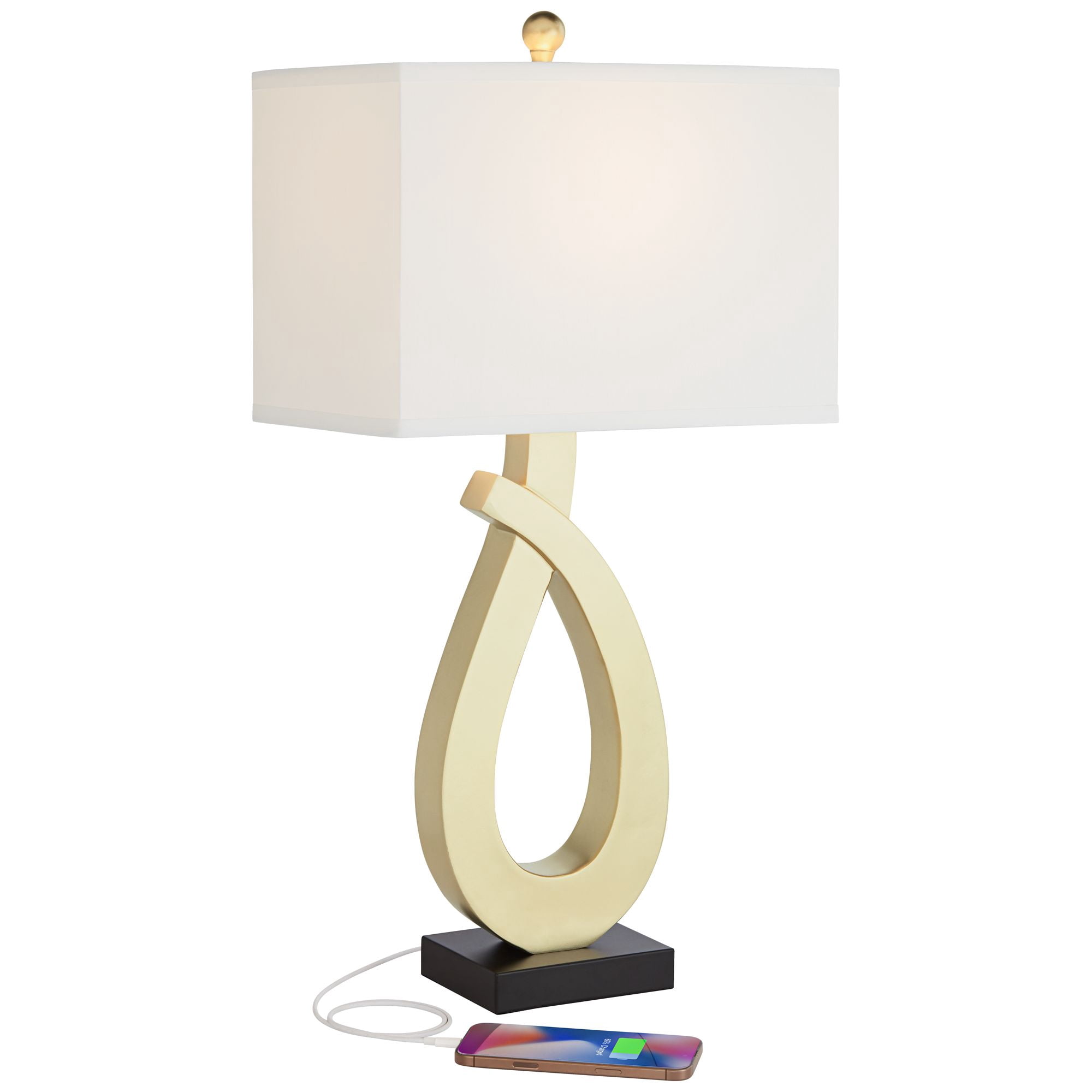 360 Lighting Simone Modern Table Lamps 28" Tall Set of 2 Sculptural Gold Metal USB Charging Port White Rectangular Shade Bedroom Living Room