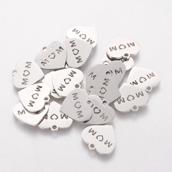 20pc Non-Tarnish Mother's Day Theme 304 Stainless Steel Charms Heart with Word MOM Stainless Steel Color 13x14x1mm Hole: 1.5mm