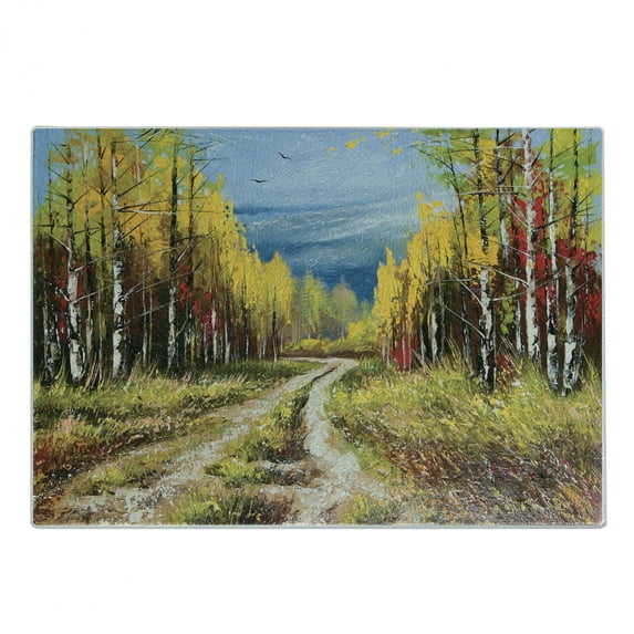 Fine Art Cutting Board, Oil Painting of Nature Landscape with Forest Trees Sky and Pathway, Decorative Tempered Glass Cutting and Serving Board, in 3 Sizes, by Ambesonne