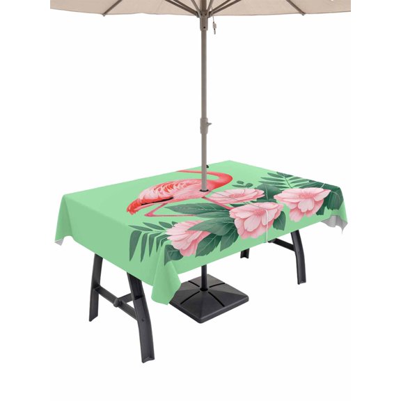 Outdoor Tablecloth with Umbrella Hole for Patio/Picnic/Party/Camping, Pink Flamingos Waterproof Table Cloth Rectangle Table Cover Washable, Summer Botanical Flowers Leaves Animals (60"x 84")