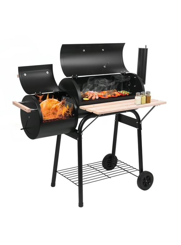 Zimtown BBQ Charcoal Grill Outdoor Barbecue Pit with Offset Smoker Patio Backyard Black