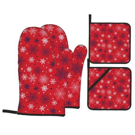 

Oven Mitts and Pot Holders Sets 4 pcs - Snowflake Symphony Heat Resistant Silicone Oven Gloves with Non-Slip Silicone Surface and hot pads for kitchen Baking Cooking BBQ