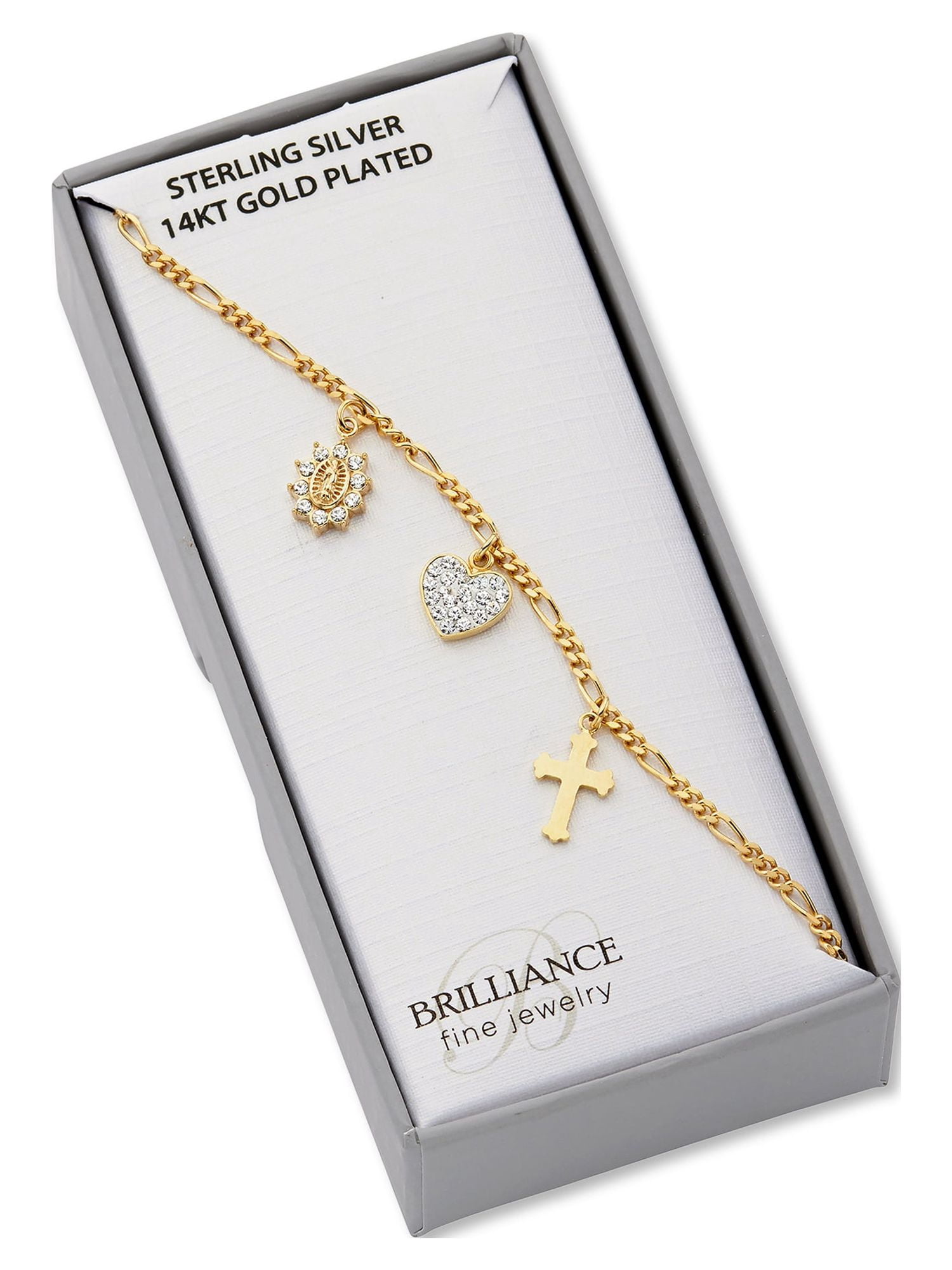 Brilliance Fine Jewelry 14K Gold Plated Sterling Silver Crystal Charms Children’s Figaro Bracelet
