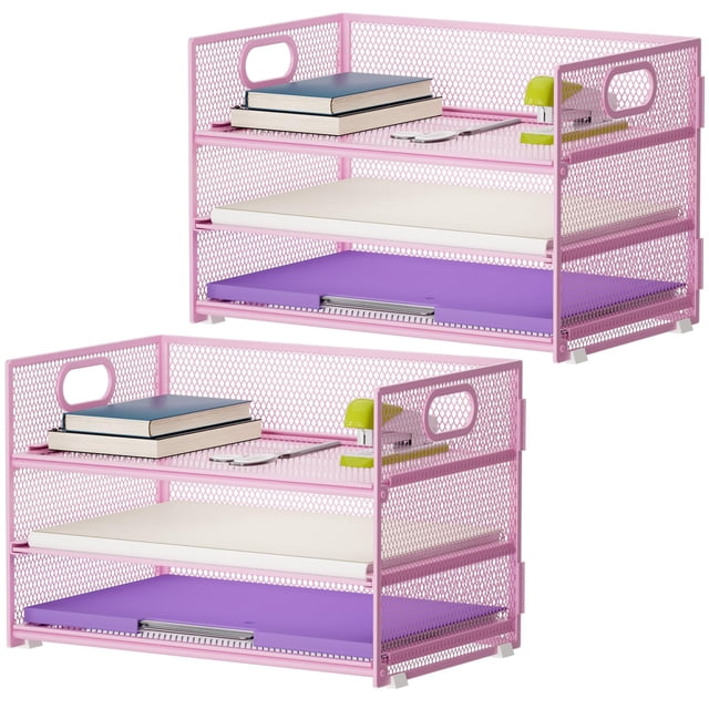 Organizador de Papel Marbrasse Bandeja de Cartas de 3 Niveles en Malla Rosa