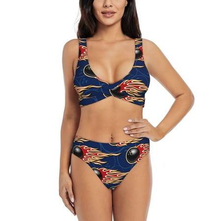 Zeuib Bowling Ball And Flame High Waisted Tummy Control Bikini Set - Knot Front Push Up Top & Cheeky Thong Bottom  Two-Piece Swimsuit for Women-Small