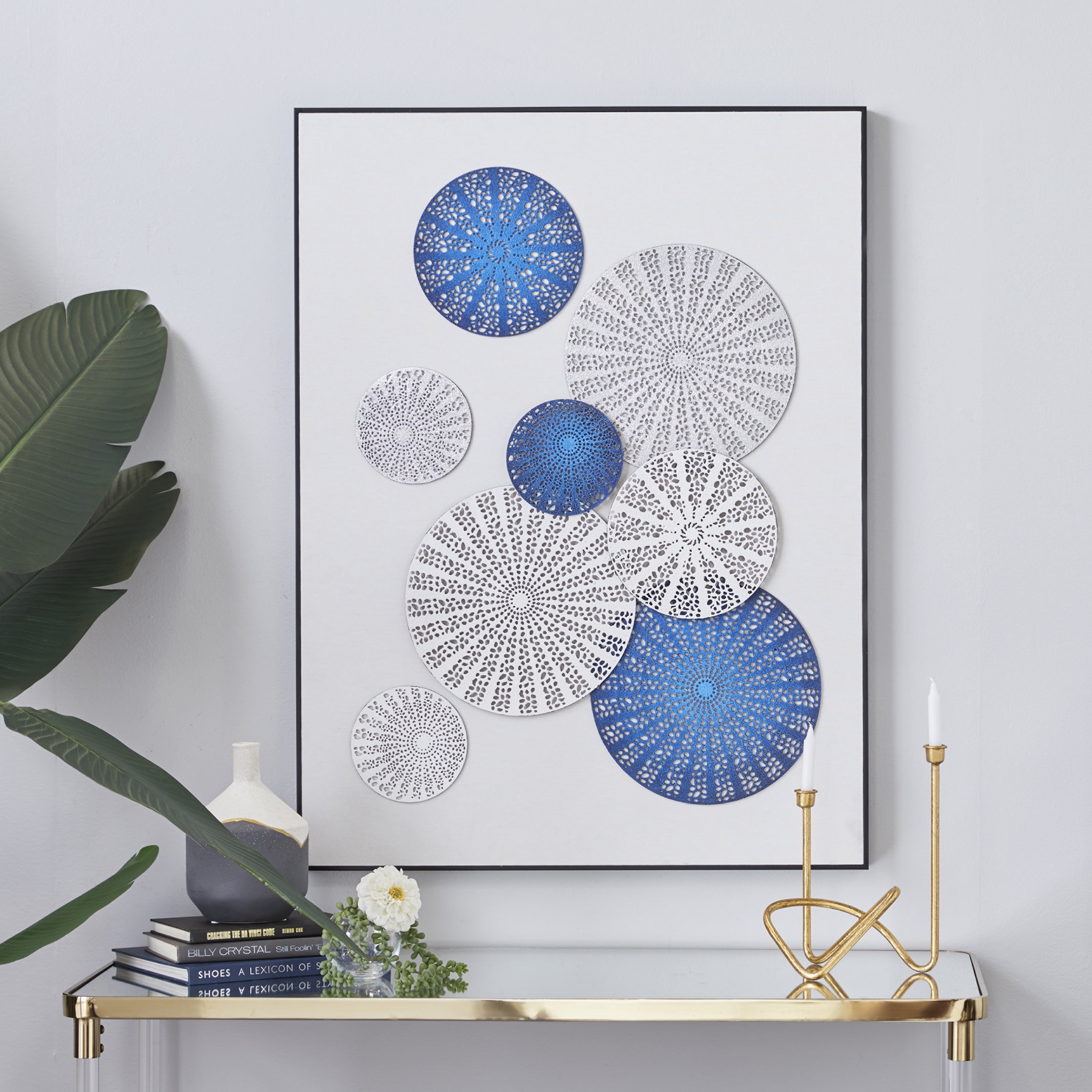 DecMode Blue Canvas Contemporary Radial Circles Framed Wall Art