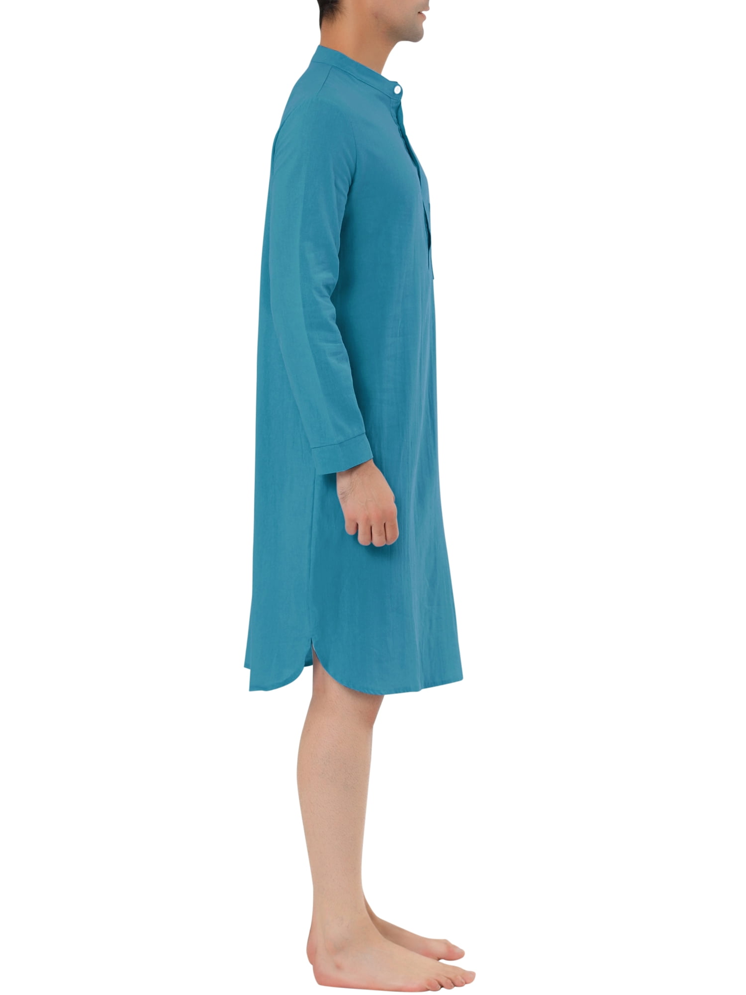 Unique Bargains Men's Banded Collar Nightshirt Sleep Shirt Nightgown M Lake Blue