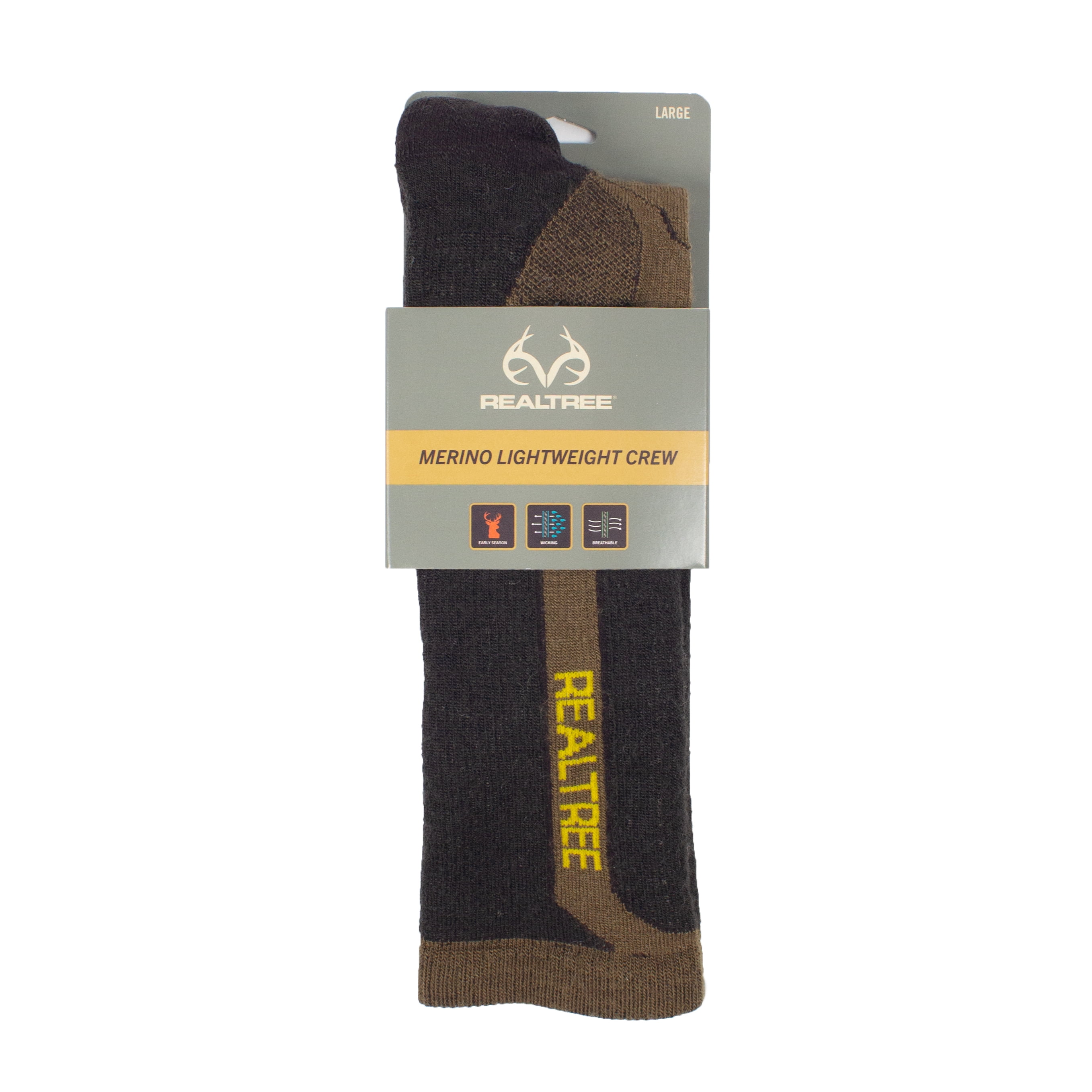 Realtree® Men's Merino Wool Lightweight Crew Sock (Coyote Brown, Large)