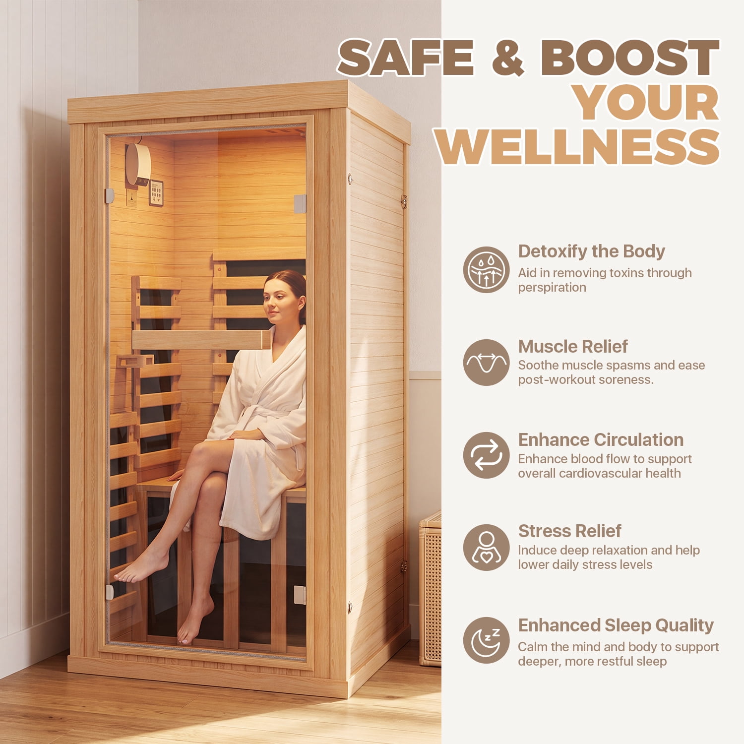 BaPiPro Infrared Sauna, 1-Person Home Far Wood Sauna with Whole Glass, Canadian Hemlock Dry Sauna Spa Room with Low EMF Carbon Fiber Panels, Indoor Sauna with LED Light & Bluetooth Speaker