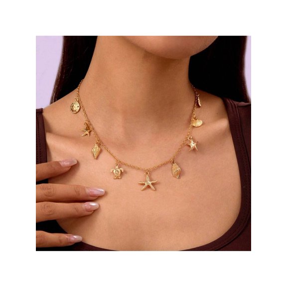 Gold Seashell Starfish Charm Necklace For Women,Boho Beach Turtle Shell Starfish Necklace Summer Pearl Surf Gold Necklaces Jewelry Accessories