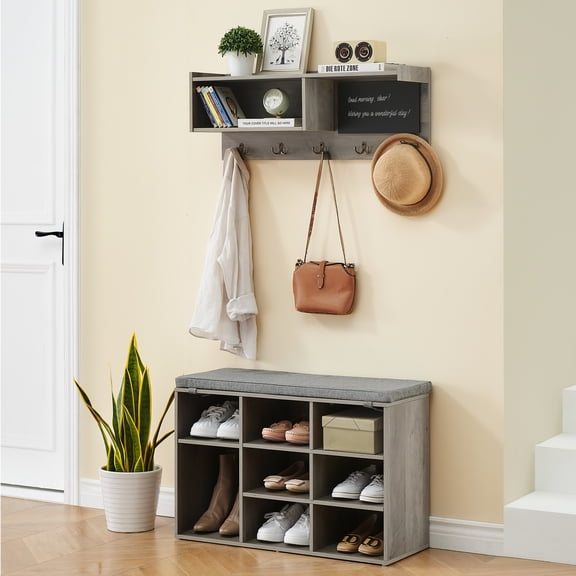 Wall Mounted Coat Rack Shoe Bench Set, Coat Rack with 5 Hooks & Shoe Bench with 8 Storage Cubbies – Entryway Organizer for Hallway, Bedroom, Living Room, Gray