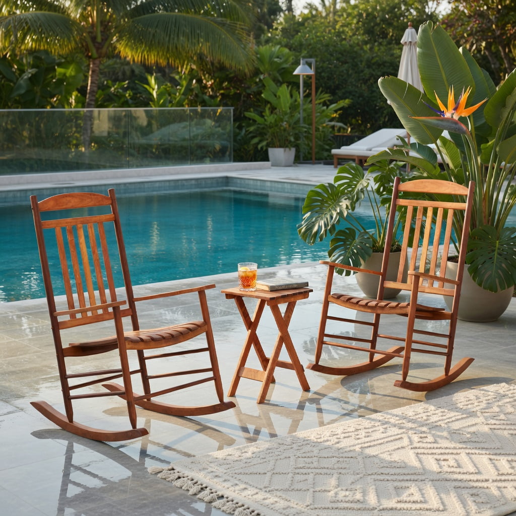 Hommoo 3-Piece Poplar Wood Outdoor Rocking Bistro Set, Foldable Table & Two High-Back Rockers for Patio, Porch, Balcony & Garden, Brown