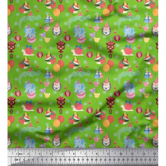 Soimoi Poly Georgette Fabric Balloon & Cute Animals Kids Decor Fabric Printed Yard 42 Inch Wide