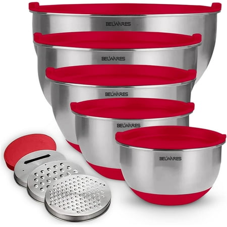 Belwares Mixing Bowls with Lids Set - Nesting Bowls with Airtight Lids + Graters - Stainless Steel Non-Slip Mixing Bowl for Baking  Food Storage and Prepping (Red  5-Piece Set)
