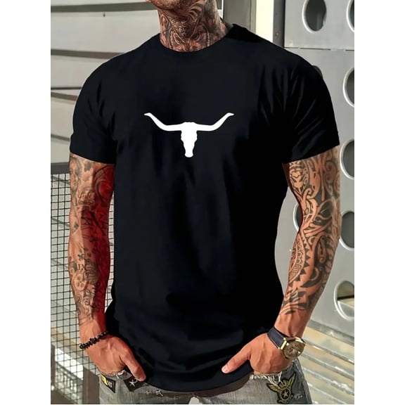Western Cowboy Style, A White Longhorn Skull Pattern-Men'S Casual Four Season Oversized Graphic T-shirt Short Sleeved Loose T-shirt, Suitable for Street and Outdoor Activities
