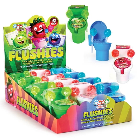 Toilet Candy Sour Powder Dippers, Funny Novelty Candy Toilets with Plunger Pops, Sweet & Sour Flavors, Kids & Adults Gag Gift, Halloween & Stocking Stuffers, By 4YoreElves, Box of 12