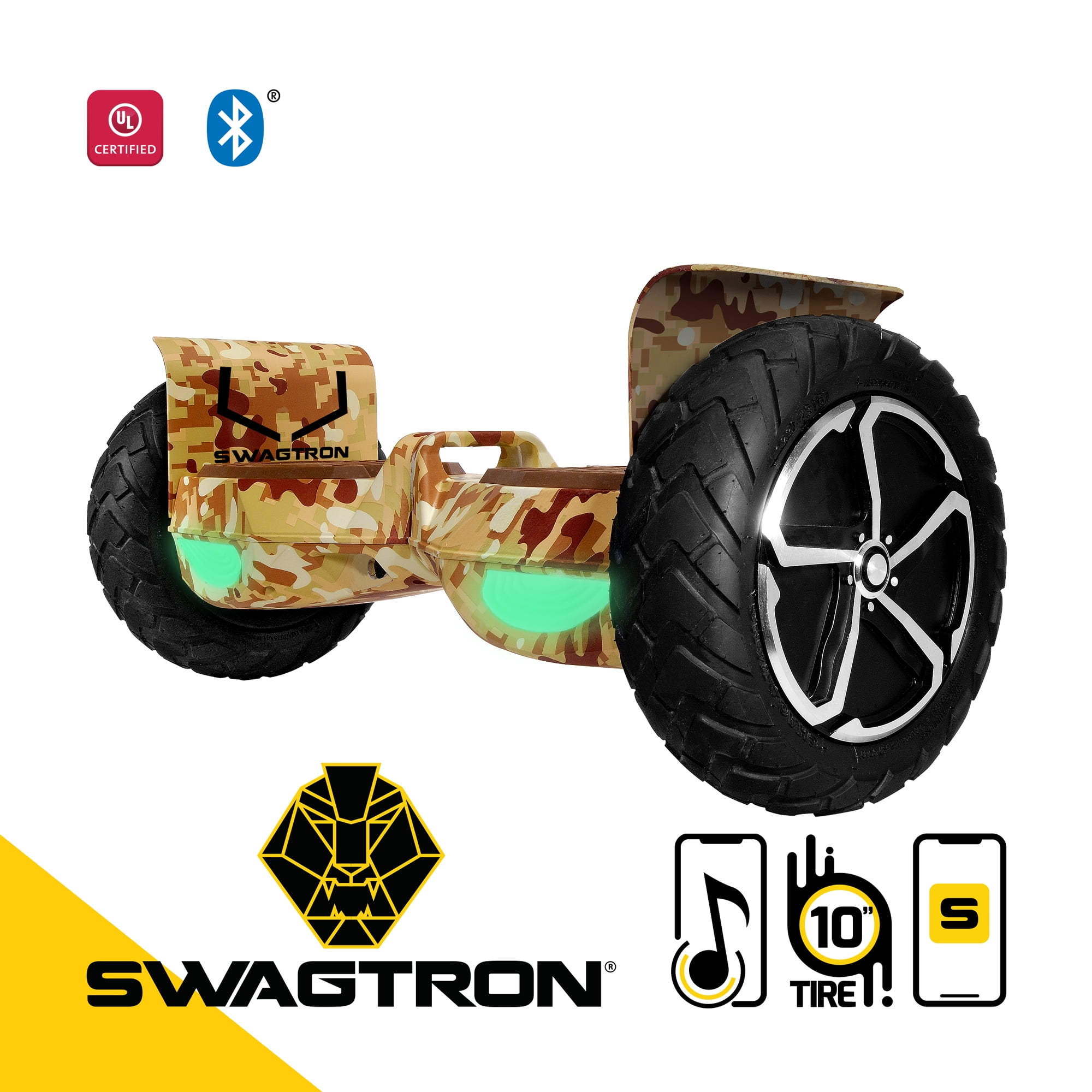 Swagtron T6 Hoverboard, lb Weight Limit, Black, Bluetooth Speaker, 10 Inch Wheel Mph UL-Compliant (Recertified) -