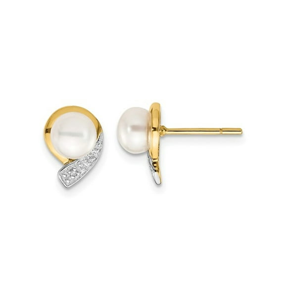 14K Yellow Gold Freshwater Cultured White Pearl 5-6mm Post Earrings with Accent Diamonds