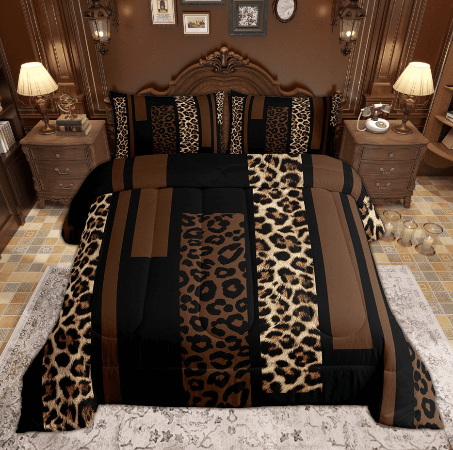 Feelyou Leopard Cheetah Print Queen Comforter Set, Modern Fashion Brown Bedding Sets, Teens Adult Women Men Reversible Bedding Comforter Set, Microfiber Bedroom Decor, 3pcs