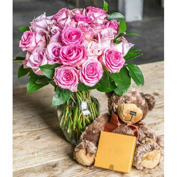 From You Flowers - Two Dozen Pink Roses with a Clear Glass Vase, Chocolates, & Teddy Bear for Birthday, Anniversary, Get Well, Congratulations, Thank You, All Occasions