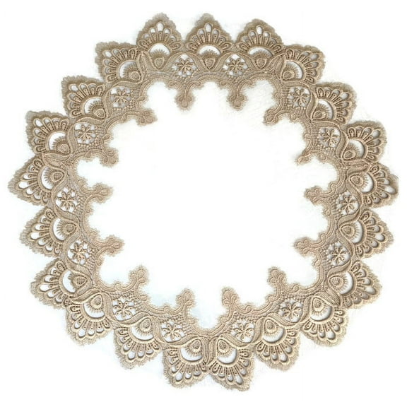 Round Doily or Place Mat with Gold European Lace and Antique White Fabric, Size 23 inches