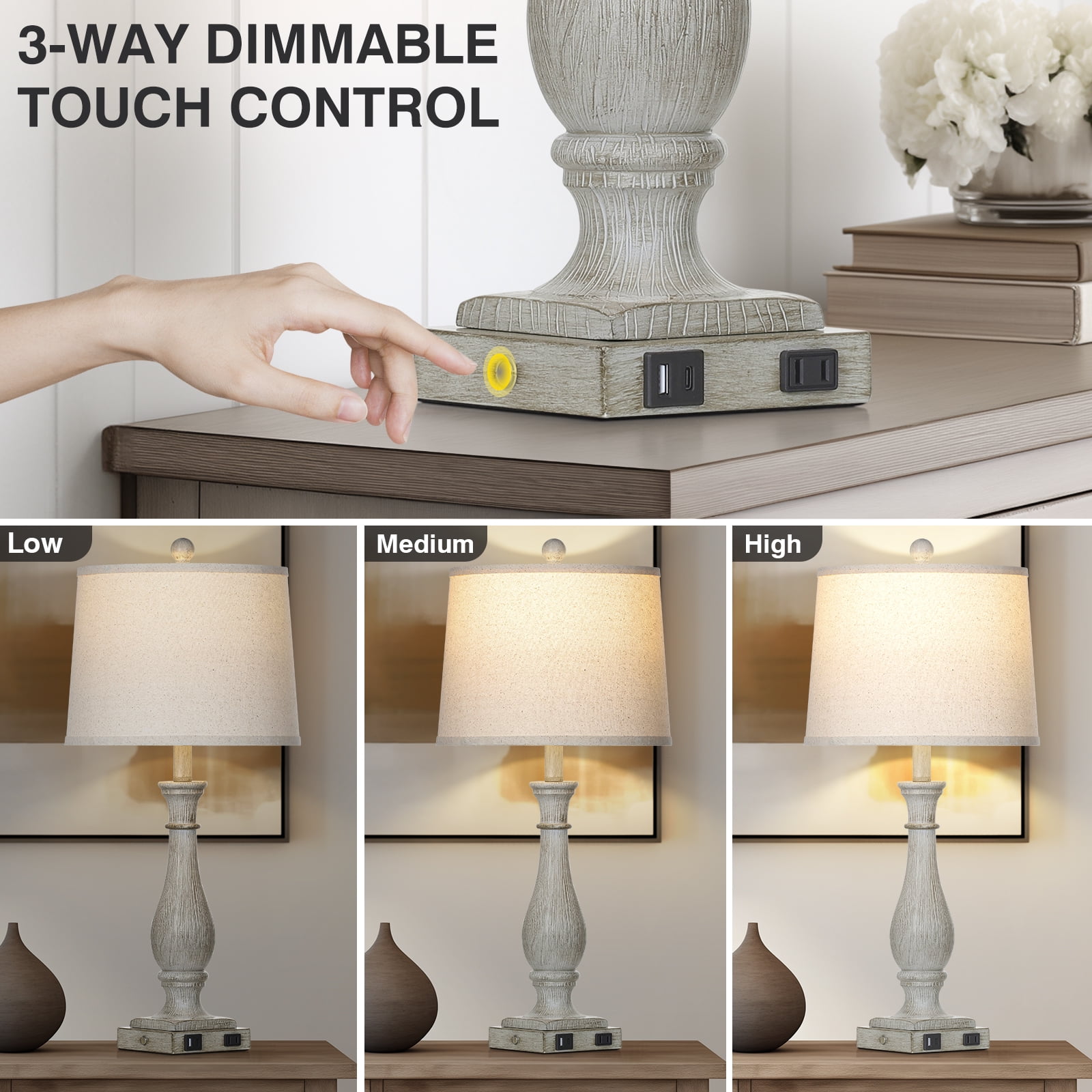 Cinkeda Table Lamp Set of 2 with 2 USB Charging Ports,3 Way Dimmable Rustic  Bedside Nightstand Lamps for Bedroom Living Room
