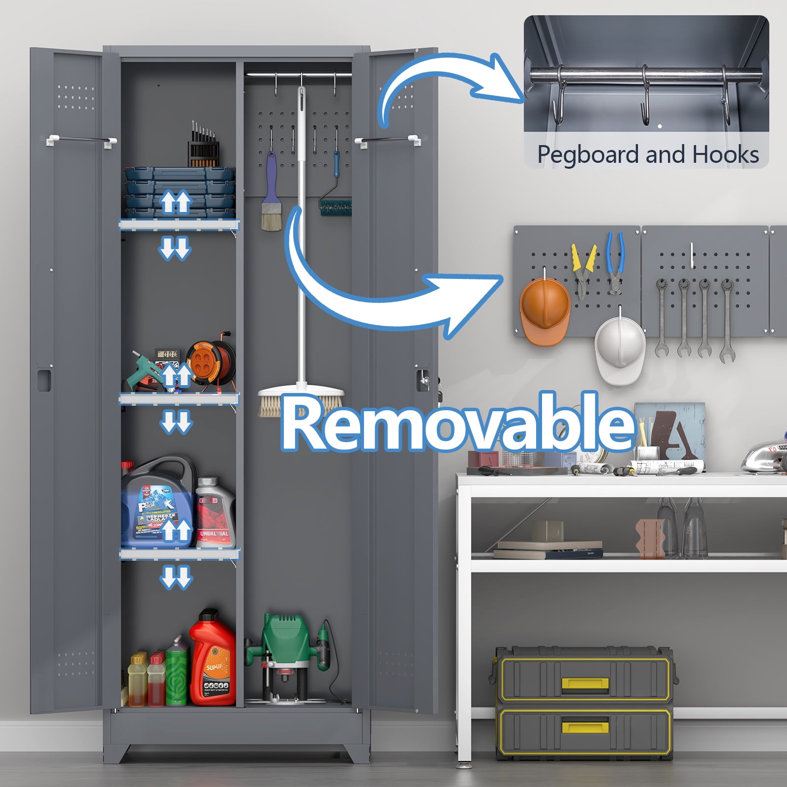 Marcree Broom Closet Storage Cabinet,Cleaning Supply Storage Cabinet,Metal Cleaning Closet Cabinet with Adjustable Shelves for Laundry Room Basement