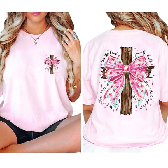 Christian Cross Double Sided T-Shirt – Pink Bow Bible Verse Matthew 22:37–39, Love the Lord Your God Faith Graphic Tee