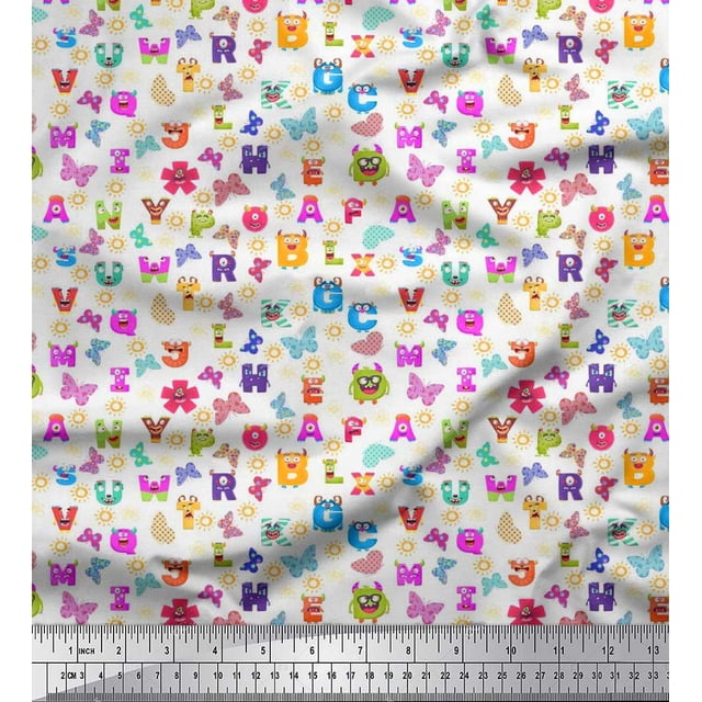 Soimoi White Viscose Chiffon Fabric Insect,Sun & Cartoon Alphabets Text Fabric Prints by Yard 42 Inch Wide