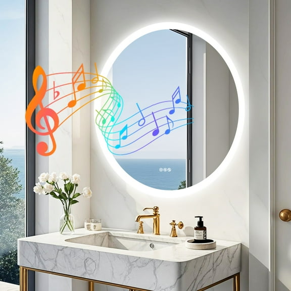 LUVODI 32" Round LED Bluetooth Bathroom Mirror Backlit Dimmable Fogless Smart Makeup Wall Mirror