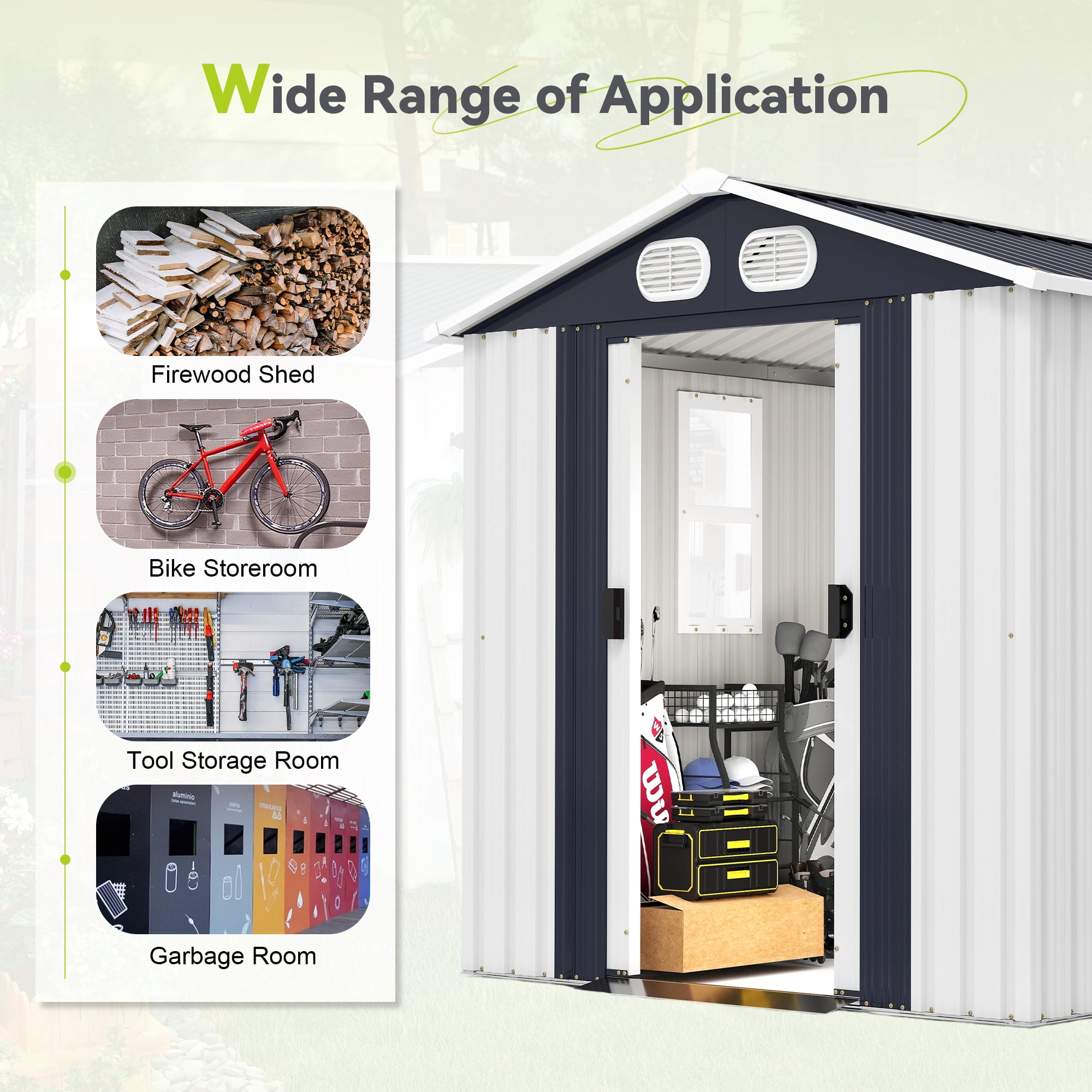 8x6FT Outdoor Storage Shed, All-Weather Metal Garden Tool Shed with Lockable Doors, Air Vents, Clear Window for Backyard Garden Patio