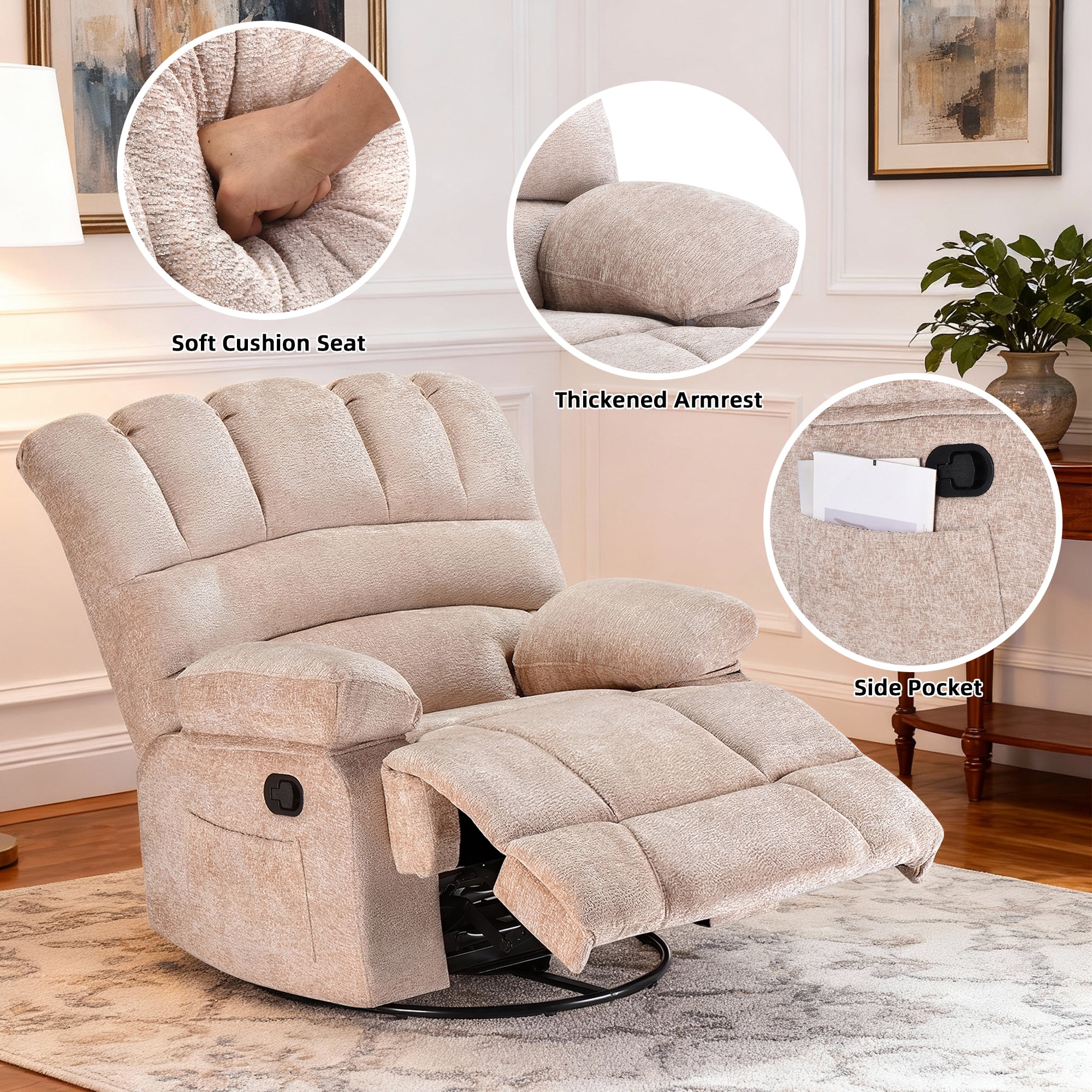 MAYEERTY Beige Oversized Swivel Rocker Recliner Sofa for Adults, Chenille, Perfect for Living Room