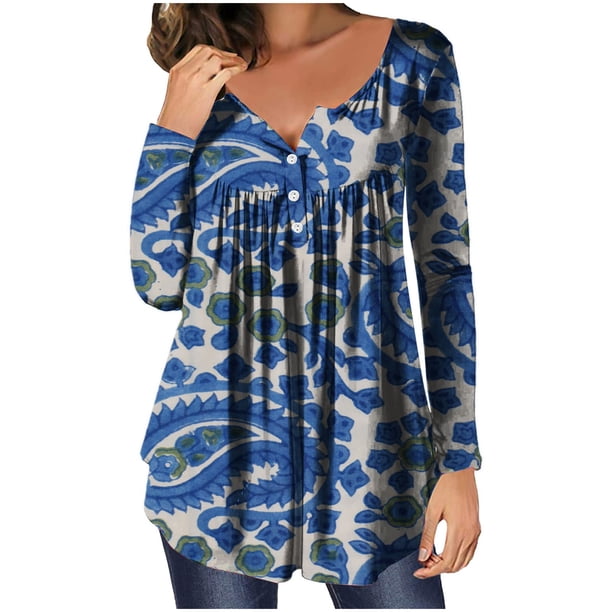 Puntoco - Camiseta informal con cuello en V para mujer, estampado retro, manga larga, jersey recreativo, camisetas de manga larga Puntoco Puntoco-5160