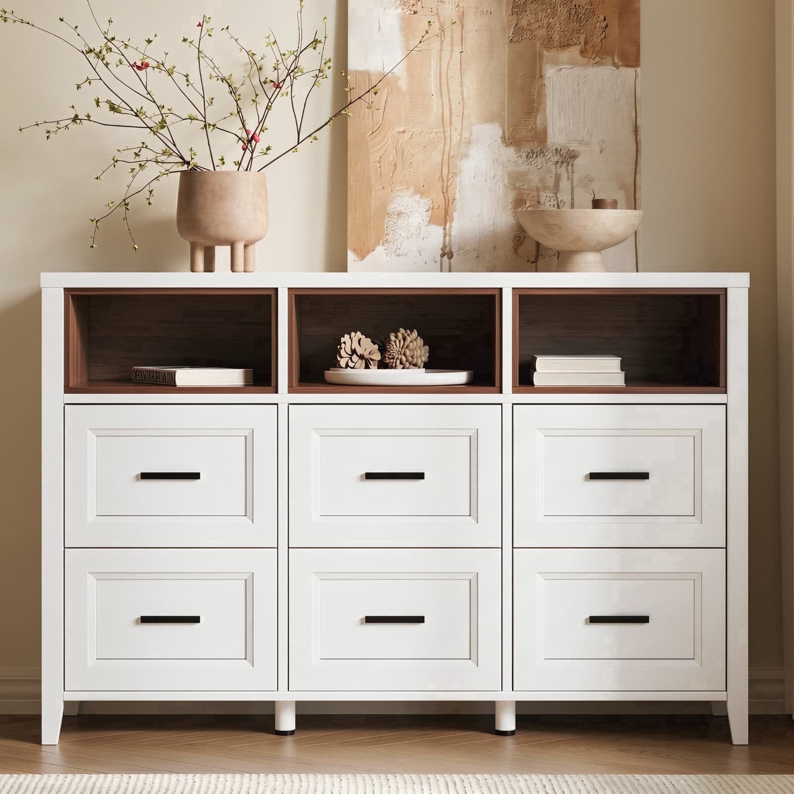 RichYa White Dresser for Bedroom,6 Drawer Dresser with Open Storage Shelf,Chest of Drawers with Metal Handle for Living Room,Adult