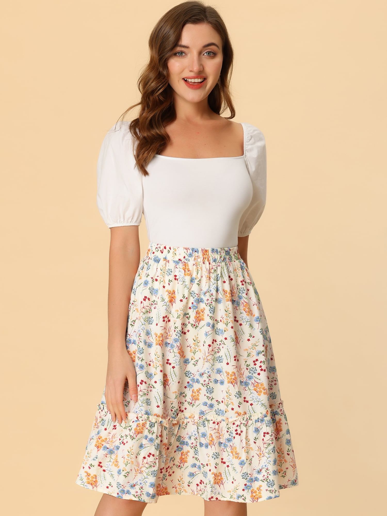 DARING DIVA Women's Flowy Ruffle Hem Tiered Floral Midi Skirt M White
