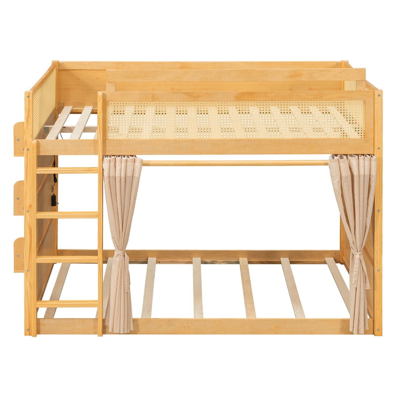 Full-Over-Full Bunk Bed with Bedside 3-Tier Storage Bookshelf, Teens/Kids Rattan Guardrail Bed Frame with Curtain & Light