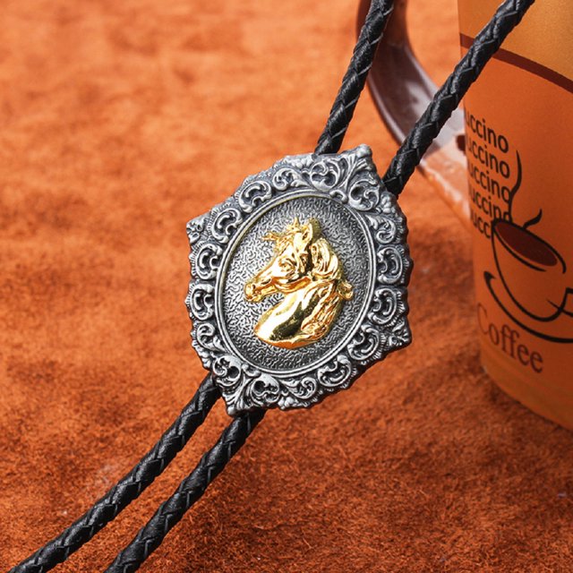 Western Bolo Tie Gold Hugo Novedad Rodeo Bolo Tie Cuero retro cowboy