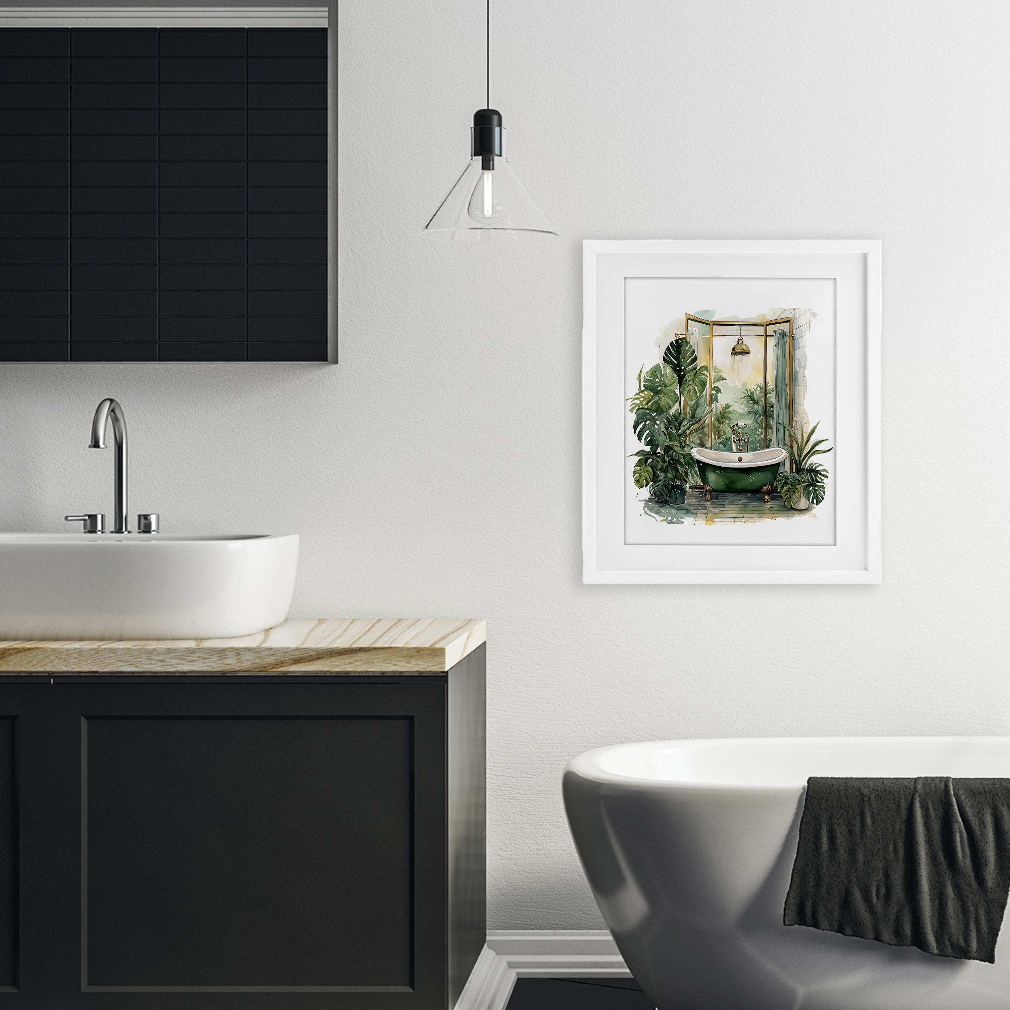 Bathtub in Tropical Oasis White Framed Print Under Glass, design by Lettered and Lined