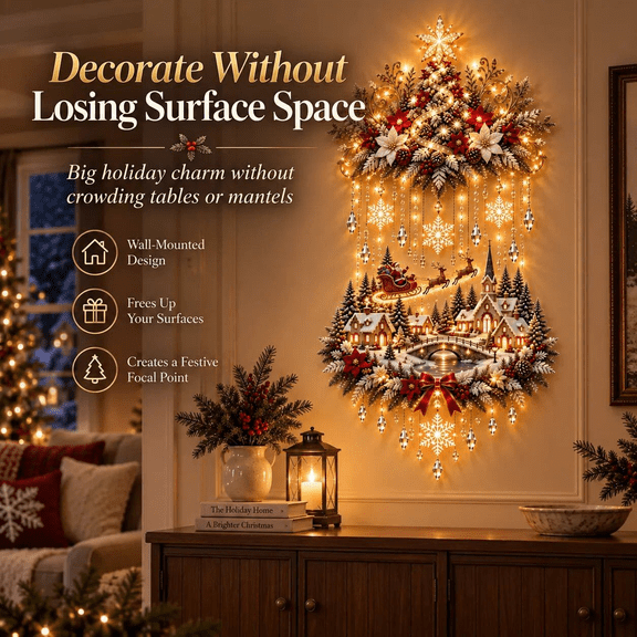 Illuminated Christmas Tree & Village Wall Hanging, LED Lighted Snowy Village Scene Wall Decor with Santa Sleigh Reindeer, Indoor Christmas Holiday Wall Art for Living Room Entryway Xmas Decoration