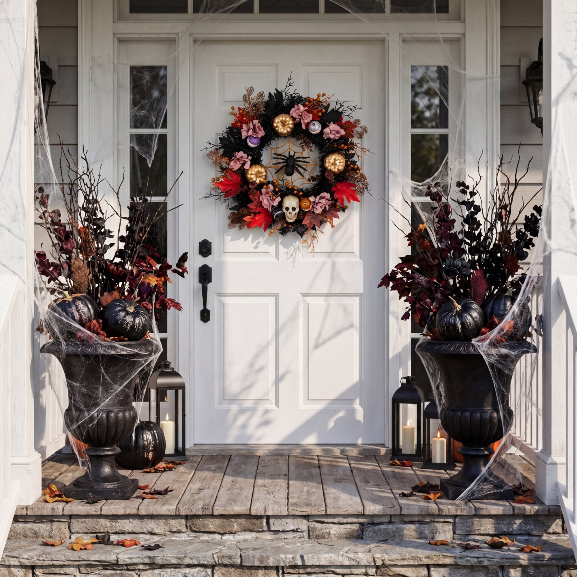 24in. Artificial Halloween Wreath with Skulls, Spiders and Pumpkins