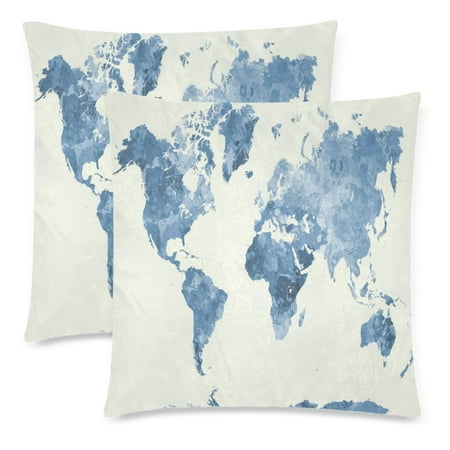 2 Decorative Painting (YKCG Global Map Pillowcase Protector 18x18 Twin Sides, World Map in Watercolor Abstract Painting Zippered Pillow Case Covers Decorative, Set of)