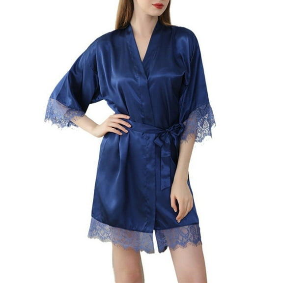 qolati Silk Robes for Women Short Lace Trim Satin Brides Robe 3/4 Sleeve Nightgown Comfy Sleepwear with Pockets