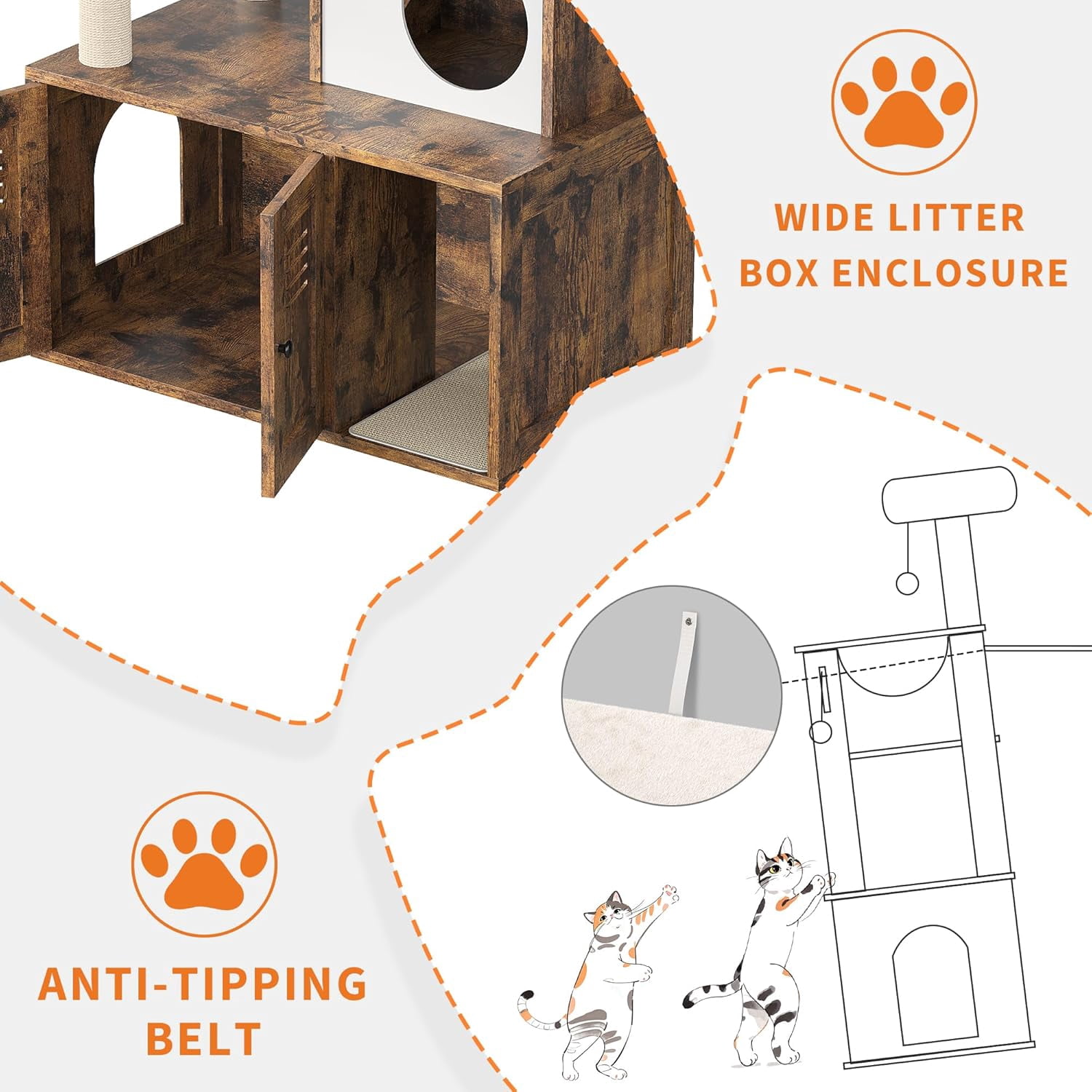 Large Cat Tree with Litter Box Enclosure,3-in-1 Cat Tower, Hidden Pet Washroom Litter Box Furniture,Wooden Multi-Level Cat Condo Furniture with Sisal Scratching Posts,Soft Plush Perch, Hammock